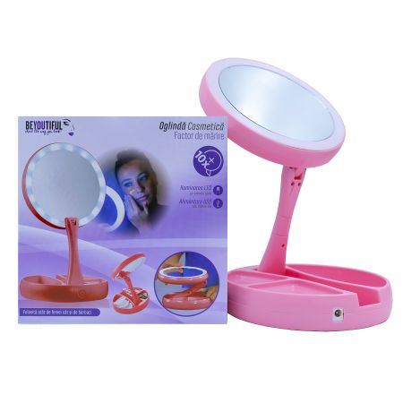 Oglindă roz cu iluminare LED pe ambele fete și factor de mărire 5, Beyoutiful